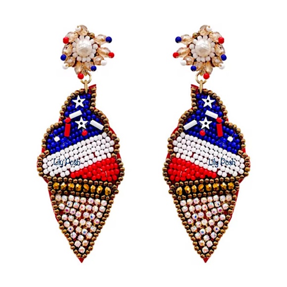 3 Pairs, Beaded Red White Blue Earring, Ice Cream Pinwheel Cocktail Earrings - Picture 2 of 5